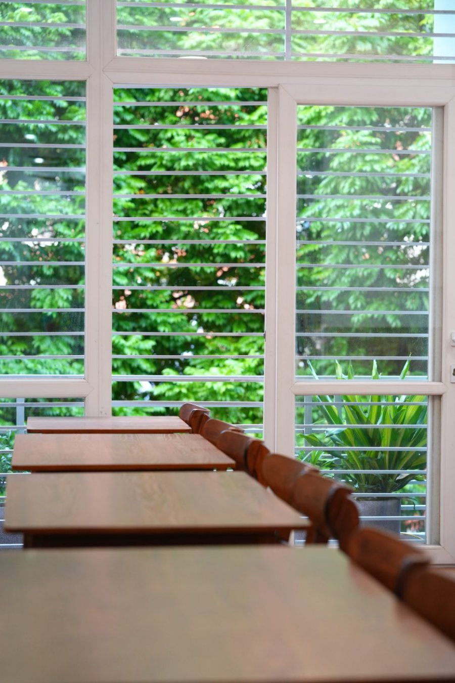 Bàn gỗ sát cửa sổ lá sách, chậu cây ngoài hiên